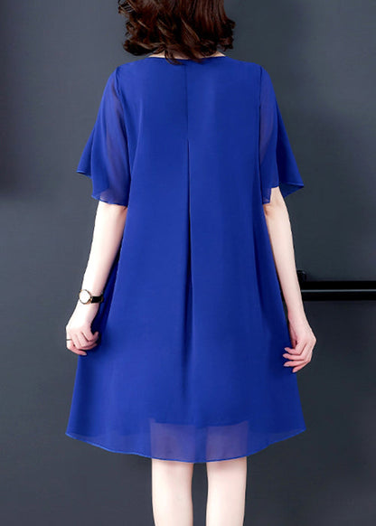 Loose Blue O Neck Chiffon Dresses Summer