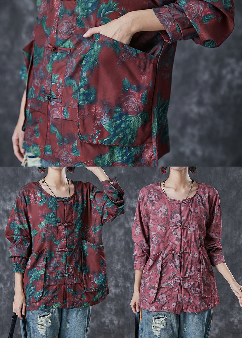 Mulberry Chinese Button Print Cotton Shirt Top Fall