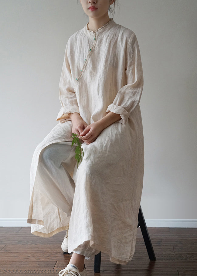 Linen Colour Linen Loose Dress Mandarin Collar Long Sleeve