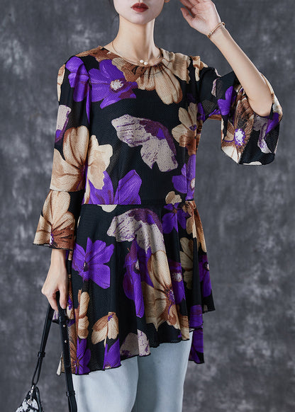 Purple Print Tulle Blouse Tops Exra Large Hem Flare Sleeve