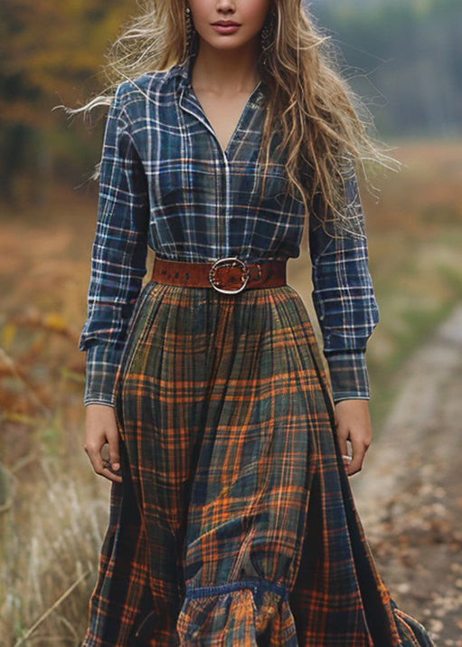 Pastoral Style Plaid Patchwork Cotton Dresses Long Sleeve Fall