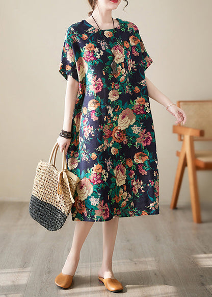 Handmade Navy Blue O-neck Print Cotton Long Dress Short Sleeve