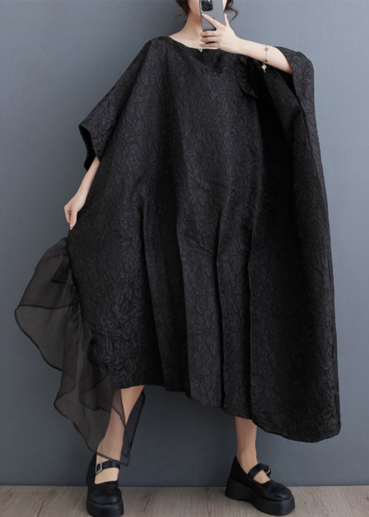 Black Tulle Patchwork Maxi Asymmetrical Dress Batwing Sleeve
