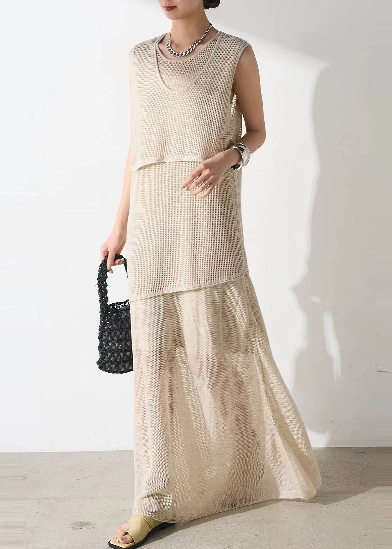 Beige Asymmetrical Hollow Out Tulle Two Piece Set Outfits Sleeveless