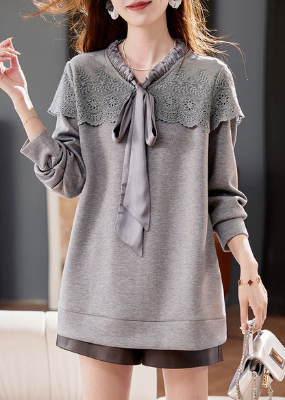 Grey Lace Up Embroidered Patchwork Cotton Tops Spring