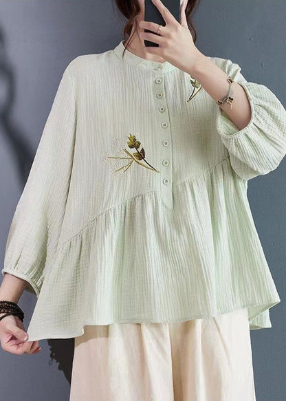 Simple Light Green Embroidered Patchwork Cotton Tops Bracelet Sleeve