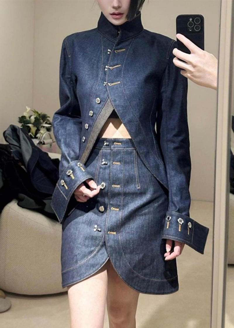 Blue Turtleneck Asymmetrical Patchwork Denim Coats and Skirts Two Pieces Set Fall