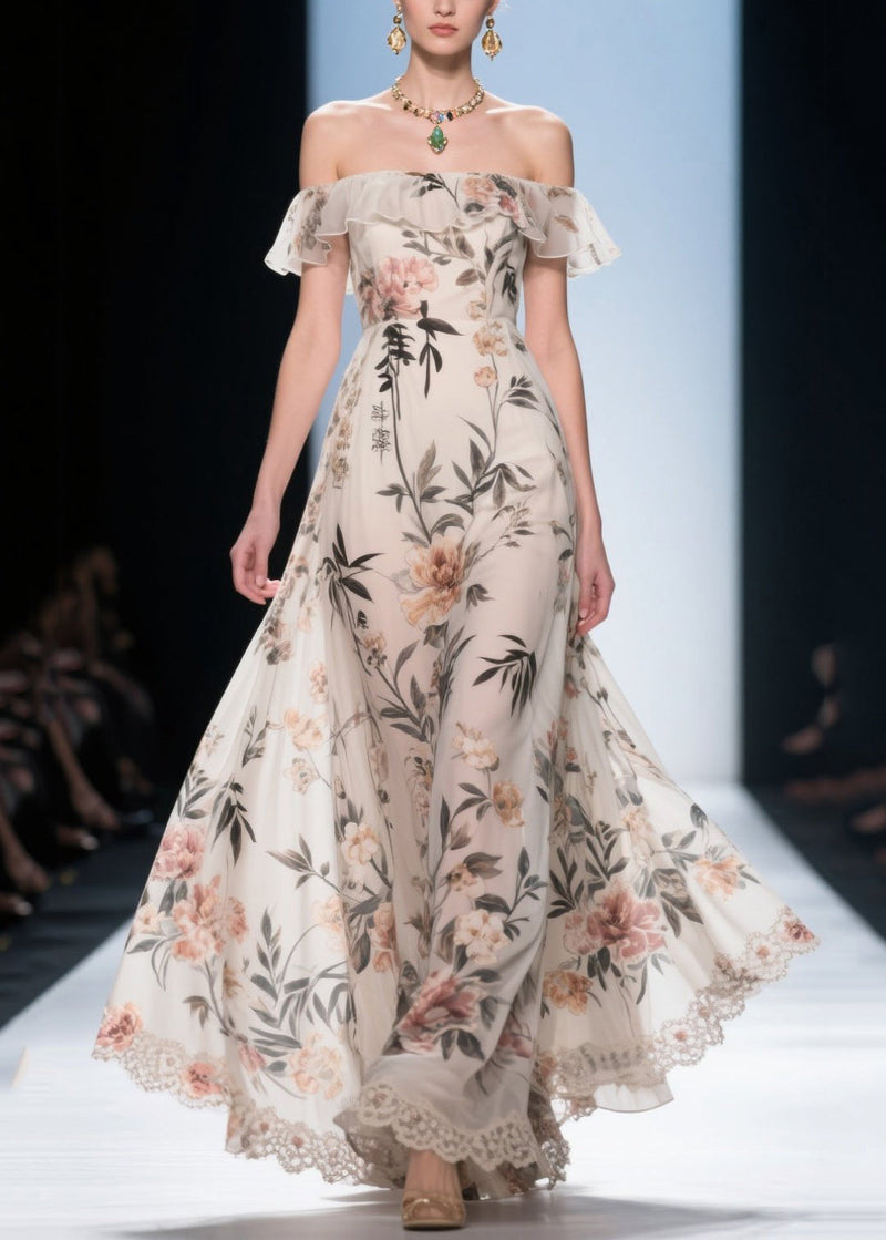 White Cold Shoulder Print Chiffon Maxi Dress Summer