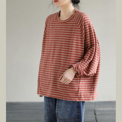Diy Red Cotton Crane Tops Striped Cotton Spring Sweatshirt