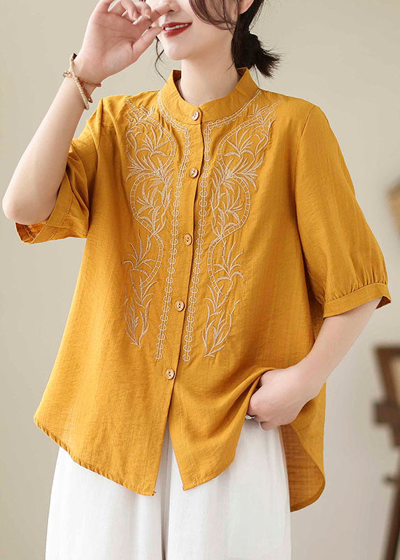 Yellow Embroideried Button Cotton T Shirt Short Sleeve