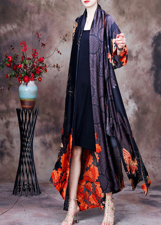 Black Print Bow Collar Side Open Silk Long Cardigan Long Sleeve