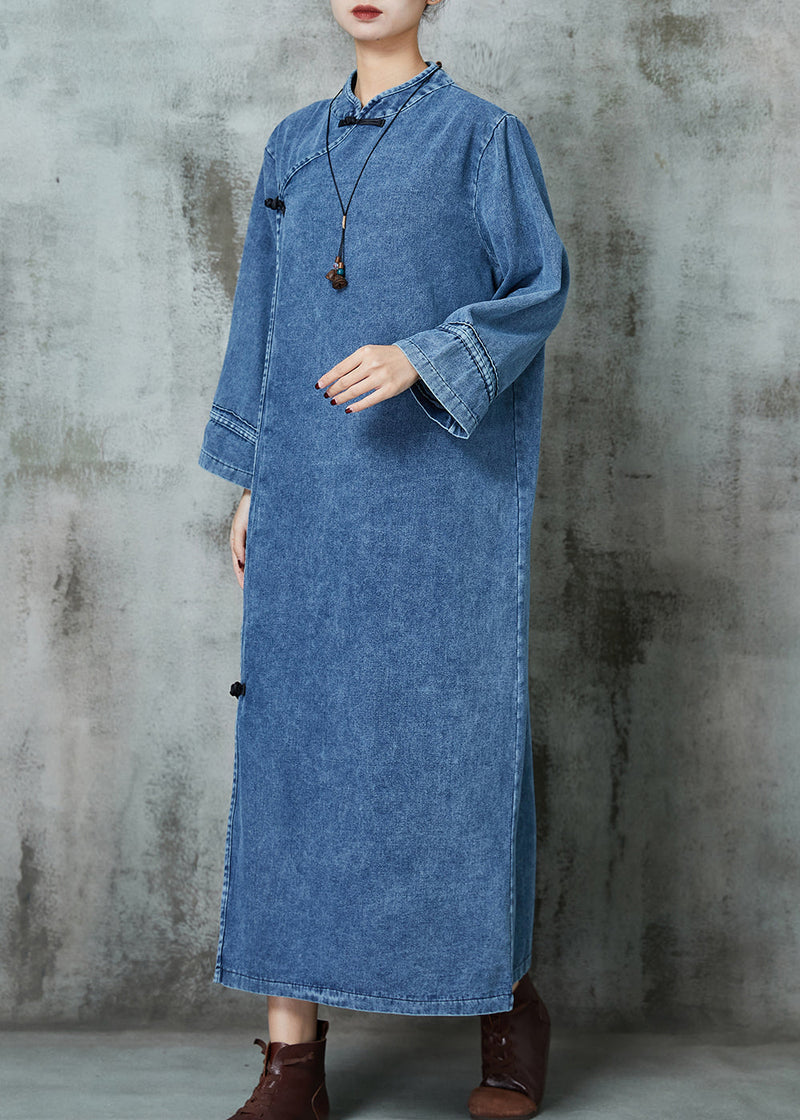 Blue Mandarin Collar Chinese Button Denim Dresses Spring
