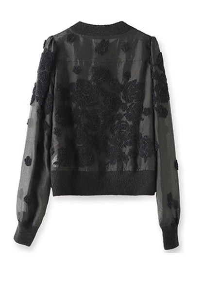 French Black O-neck Button Silk Wool Patchwork Knit Coat Long Sleeve