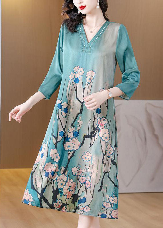 Sky Blue V Neck Print Silk Dresses Bracelet Sleeve
