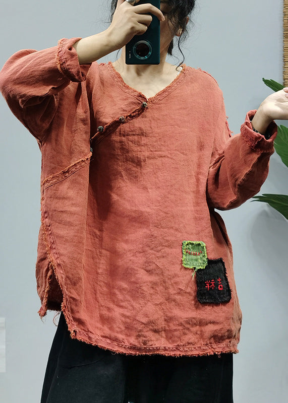 Organic Orange V Neck Embroideried Patchwork Side Open Linen Tops Long Sleeve