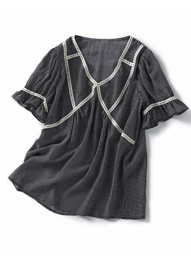 Small Plaid Ruffled Patchwork Silk Tops Summer