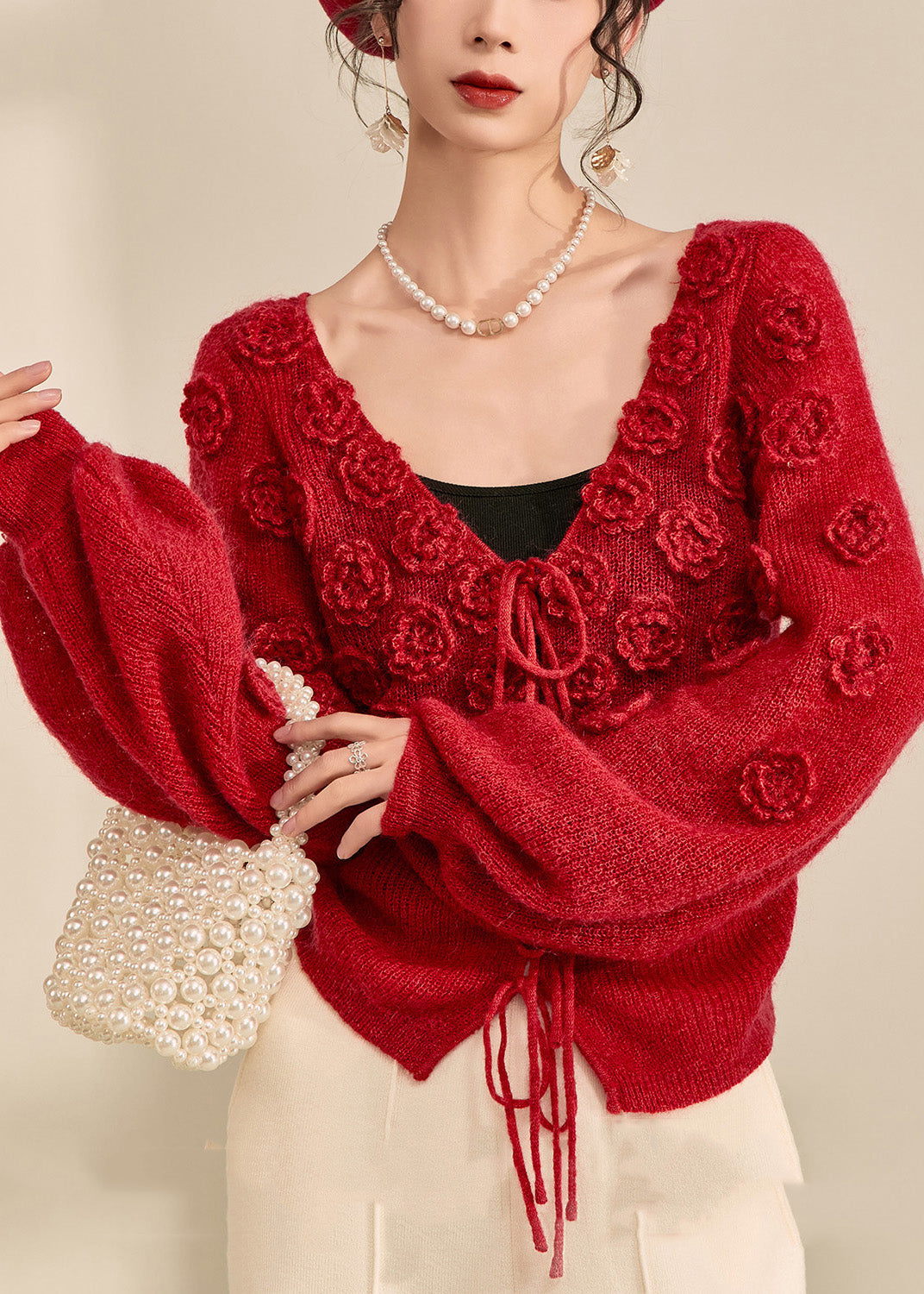 Style Red V Neck Drawstring Cotton Knit Sweater Lantern Sleeve Winter
