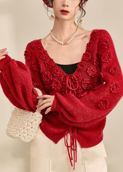 Style Red V Neck Drawstring Cotton Knit Sweater Lantern Sleeve Winter