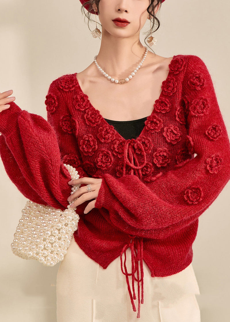 Style Red V Neck Drawstring Cotton Knit Sweater Lantern Sleeve Winter