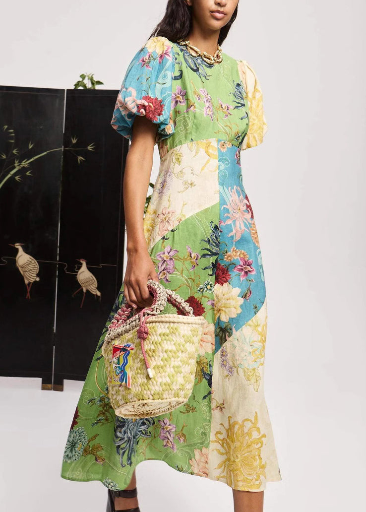 O Neck Print Cotton Long Dress Lantern Sleeve