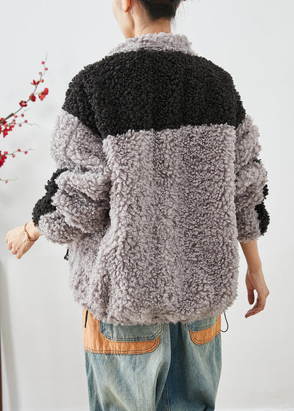 Colorblock Oversized Patchwork Pockets Fleece Jackets Winter