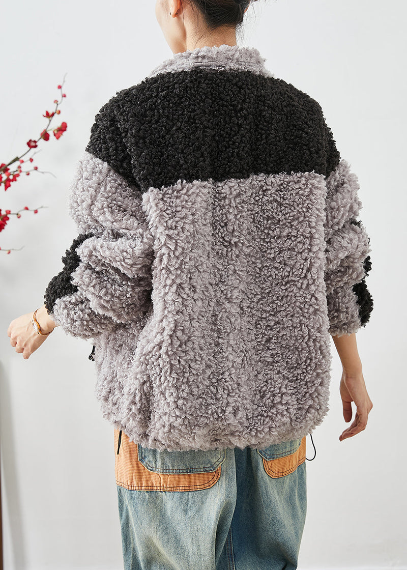 Colorblock Oversized Patchwork Pockets Fleece Jackets Winter