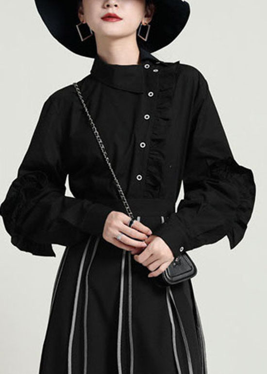 Fitted Black Button Ruffled Asymmetrical Shirt Tops Spring