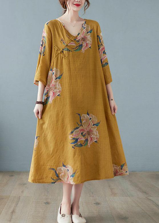 Loose Yellow V Neck Print Summer Party Dresses Half Sleeve