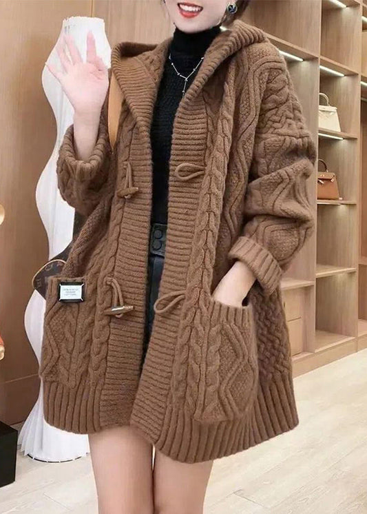 Chocolate Colour Button Cable Knit Sweaters Coats Fall