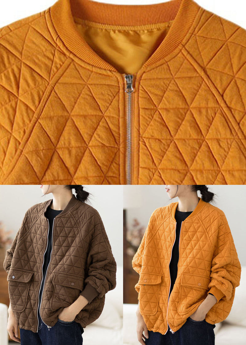 Yellow O-neck Zippered Plaid Thick Coats Long Sleeve