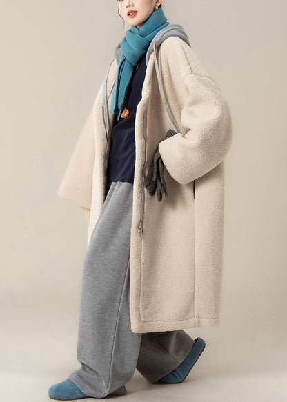 Apricot Hooded Zippered Patchwork Teddy Faux Fur Coat Winter