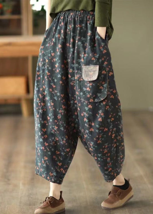 Grey Black Pockets Print Elastic Waist Linen Pants Spring
