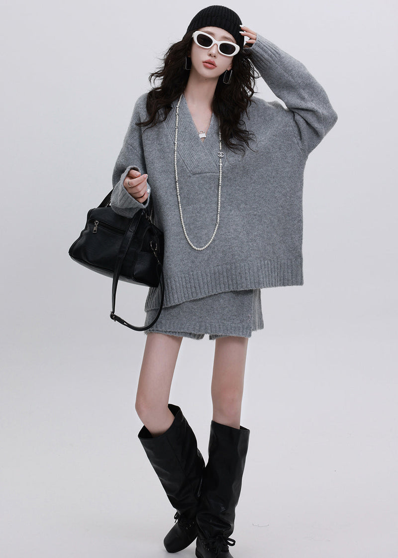 Natural Grey Oversized Warm Knit Sweater and Skirt Two-piece Set Winter