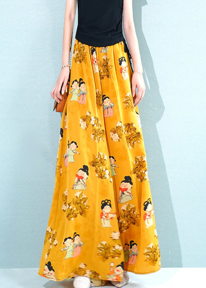 Yellow Print Pockets Oversized Chiffon Pants Skirt Summer