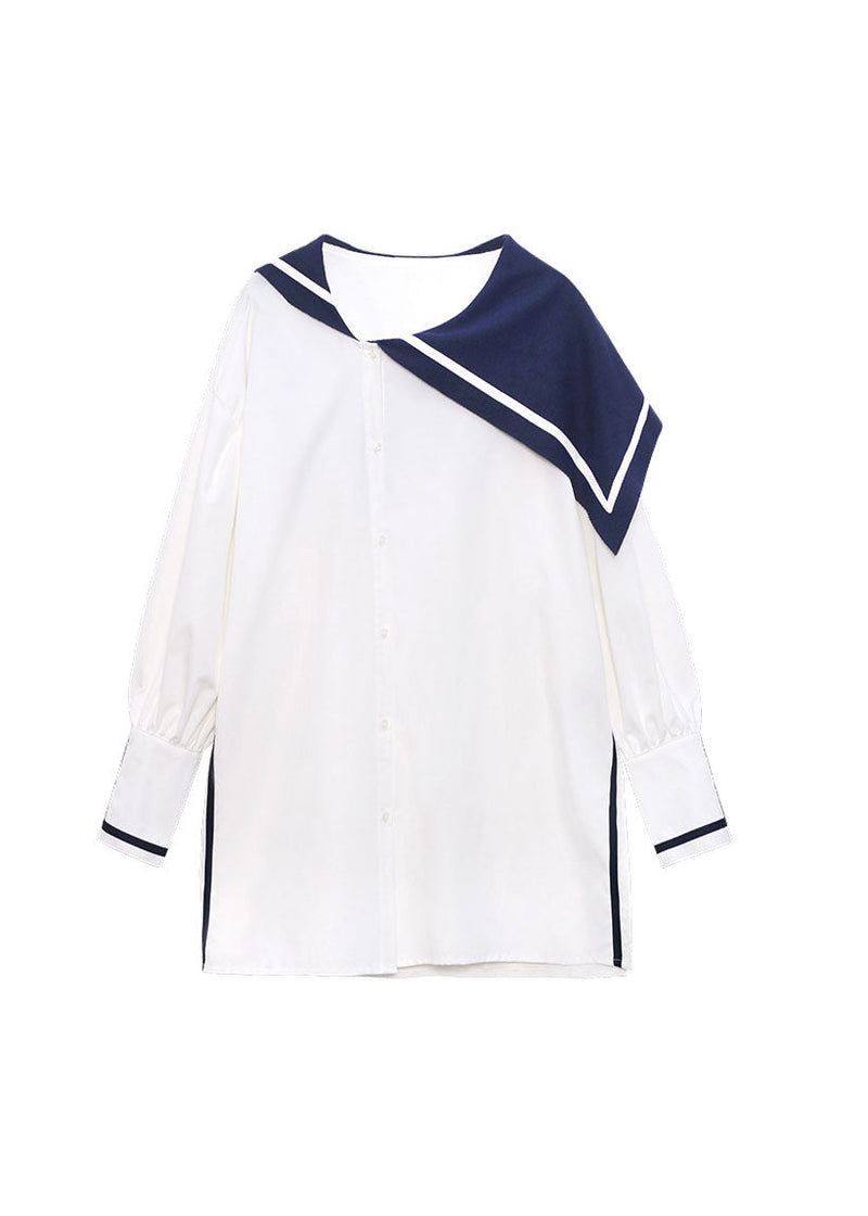 Simple White Button Side Open Sailor Collar Asymmetrical Shirt Spring