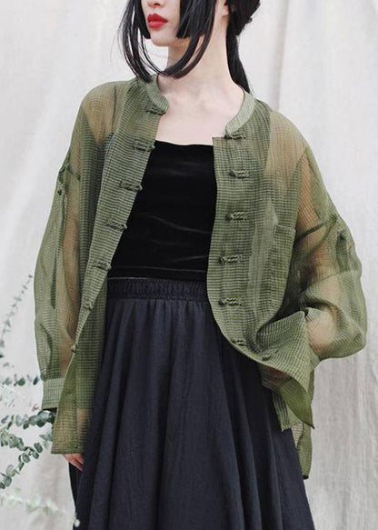 Green Pockets Loose Tulle Coats Mandarin Collar Button Spring