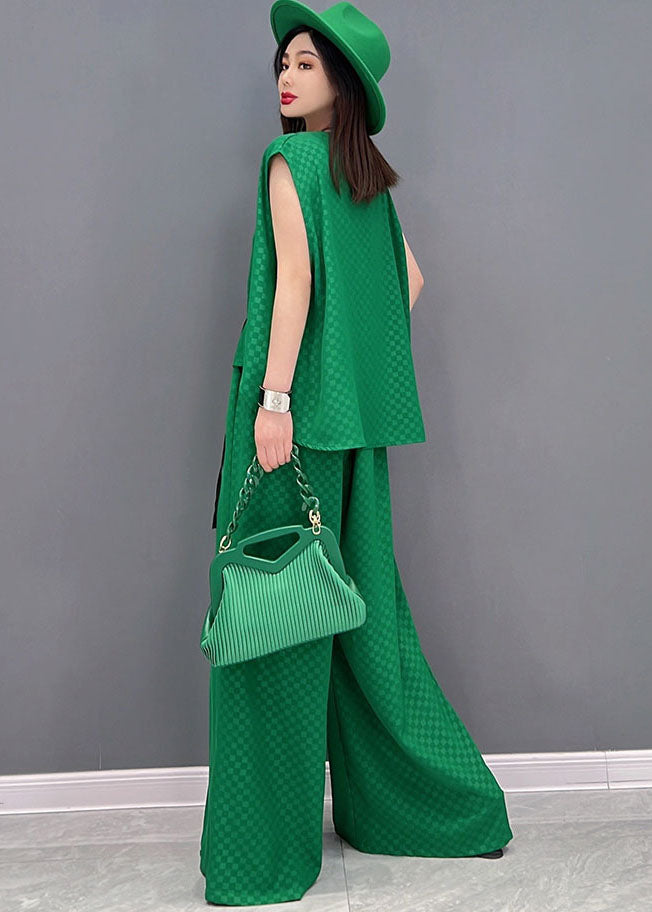 Classy Green Plaid Side Open Chiffon Vest and Wide Leg Pants Two Piece Set Outfits Summer