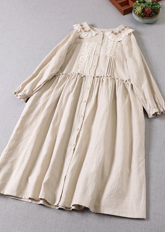 Beige Peter Pan Collar Ruffled Linen Dress Spring