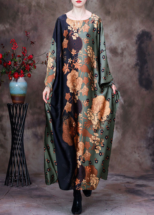 Boutique Green O-neck Patchwork Print Silk Holiday Dress Short Sleeve