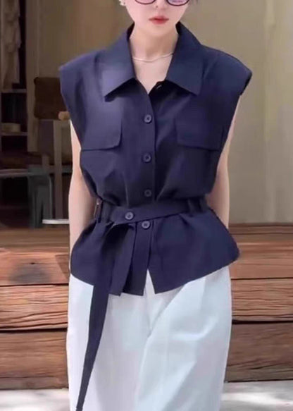 Navy Peter Pan Collar Button Cotton Shirt Sleeveless