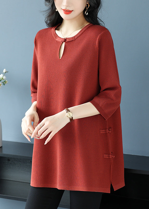 Green O Neck Oriental Button Ice Silk Knit Top Spring