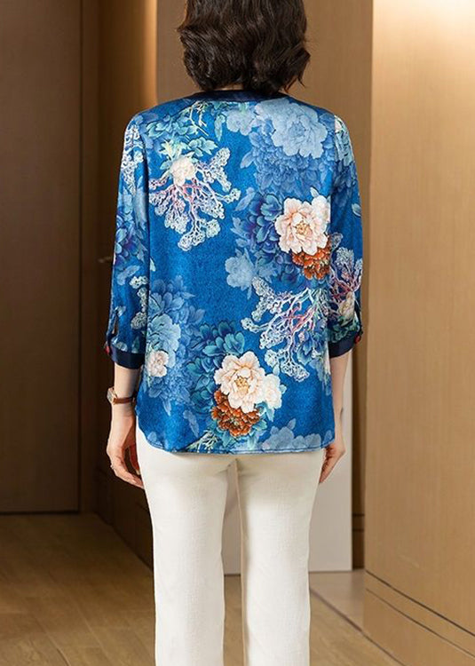 Blue O Neck Print Patchwork Silk Shirt Bracelet Sleeve