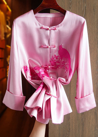 Classy Pink O-neck Embroideried Silk Top Long Sleeve