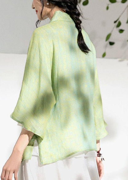 Green V Neck Butterfly Sleeve Tie Waist Summer Linen Tops