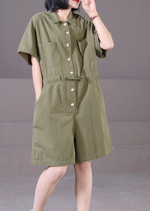 Army Green Peter Pan Collar Drawstring Pockets Color Cotton Overalls Jumpsuit Summer