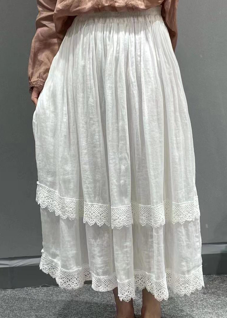 Red Elastic Waist Lace Patchwork Linen Pleated Skirt Summer
