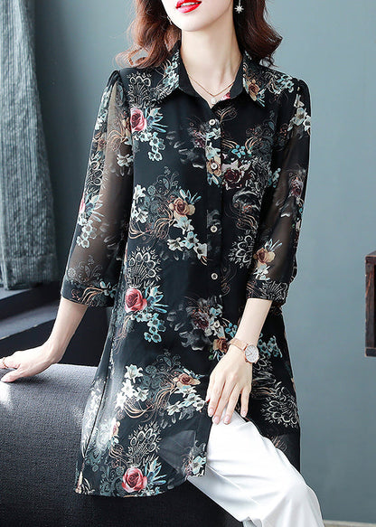 Black Button Peter Pan Collar Print Long Chiffon Blouses Three Quarter Sleeve