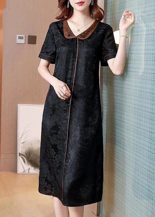 Handmade Black Peter Pan Collar Jacquard Silk Mid Dress Summer