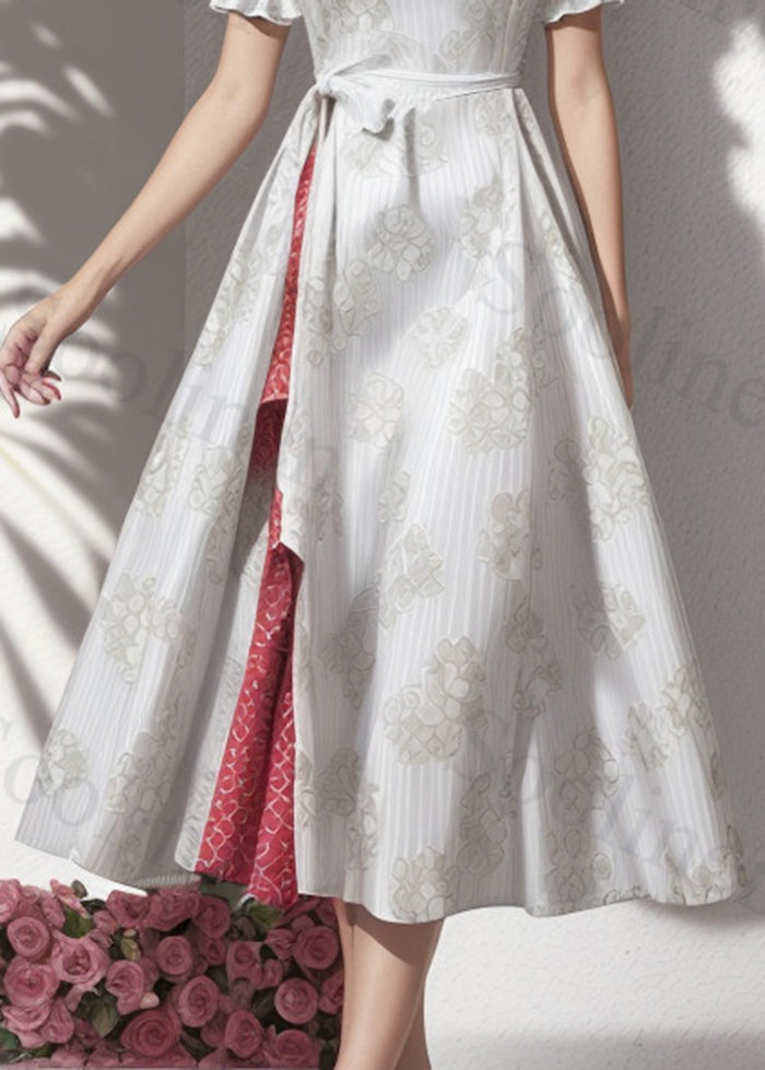 Italian White Ruffled Exra Large Hem Silk Cinched Dresses Summer