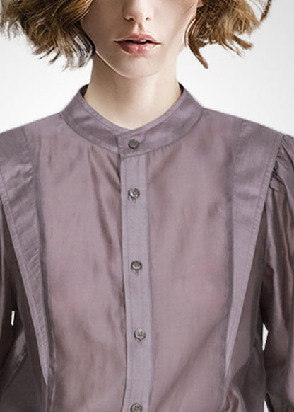 Grey Purple Peter Pan Collar Patchwork Shirt Tops Long Sleeve
